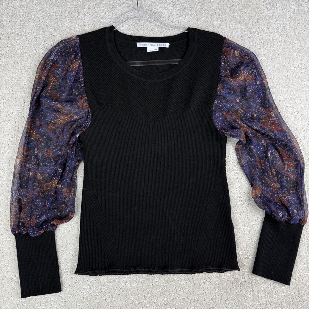 Veronica Beard Mixed Media Top Women M Black Silk Paisley Sleeve Merino Wool